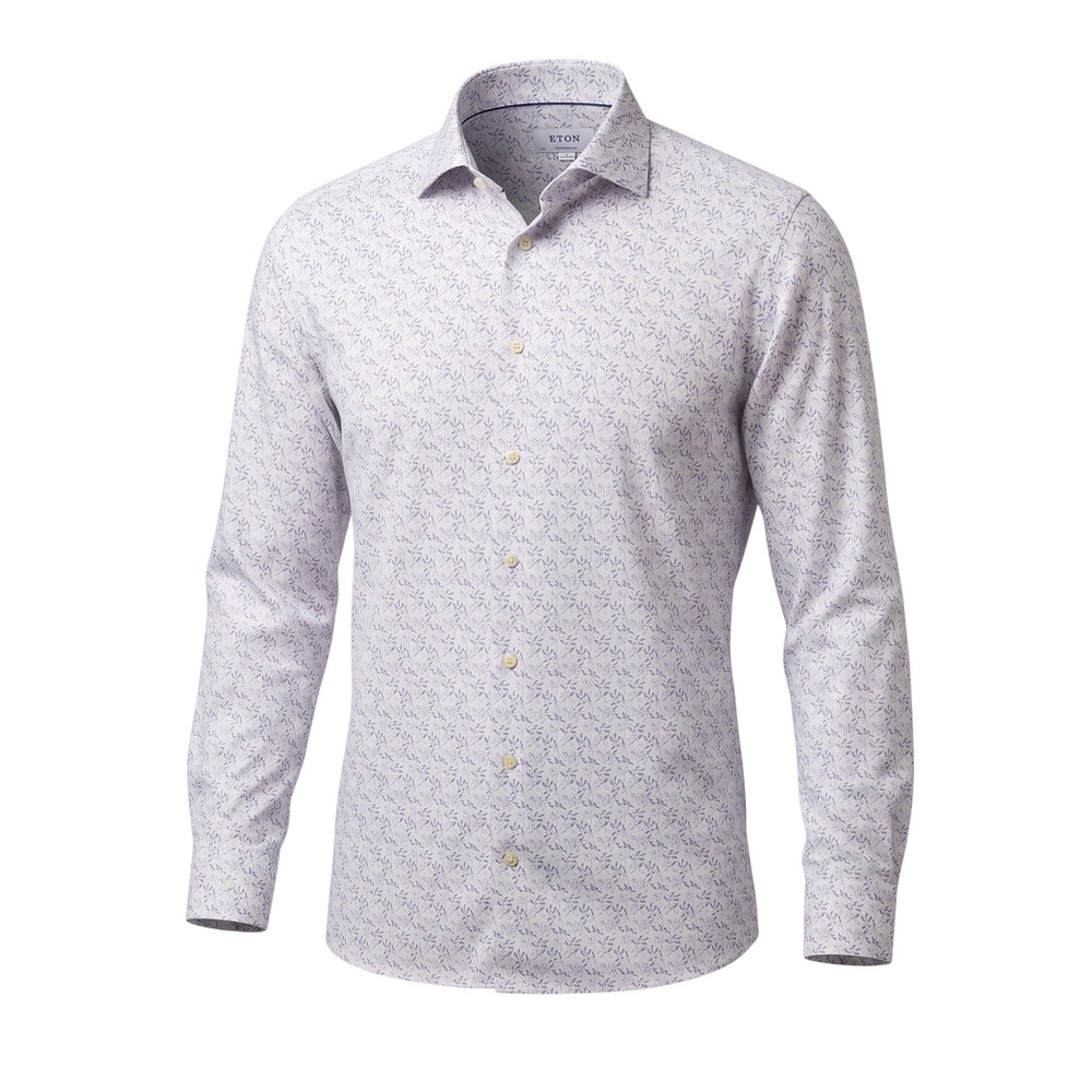 Eton Dress Shirt Mens 17 43 White Blue Floral Leaf Contemporary Fit Cotton